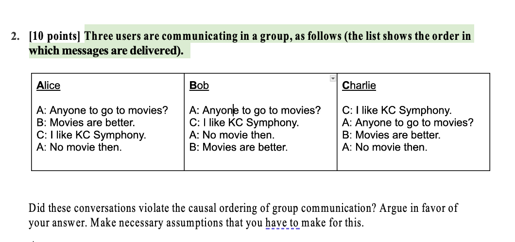  [10 points] Three users are communicating in a group, as follows