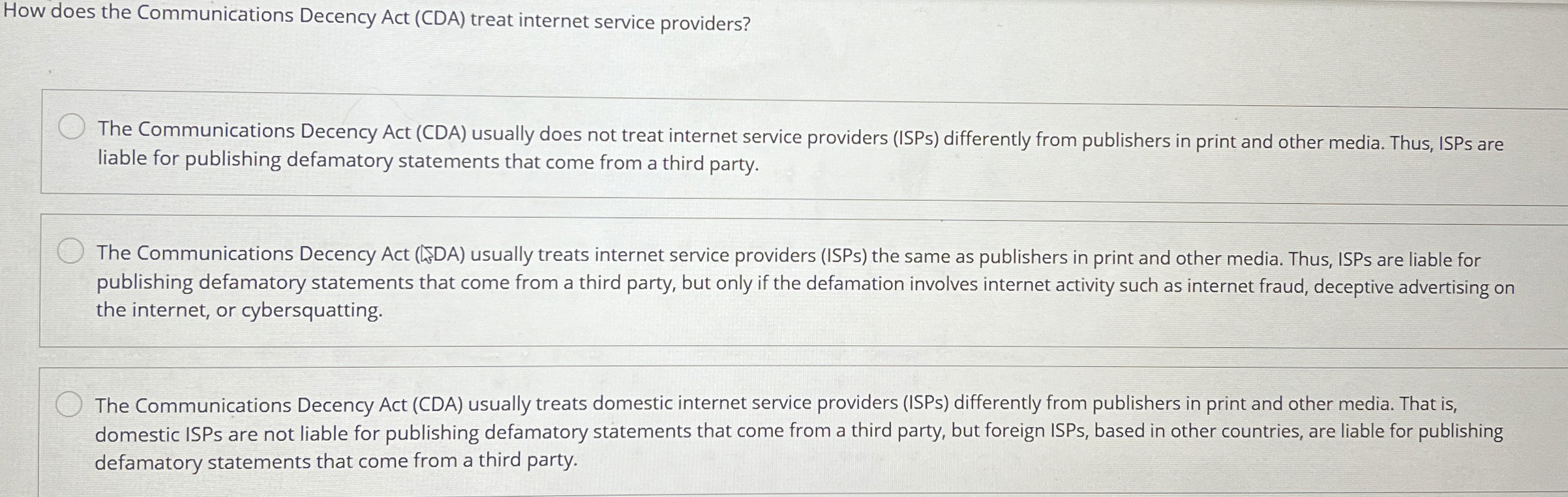  How does the Communications Decency Act (CDA) treat internet service providers?