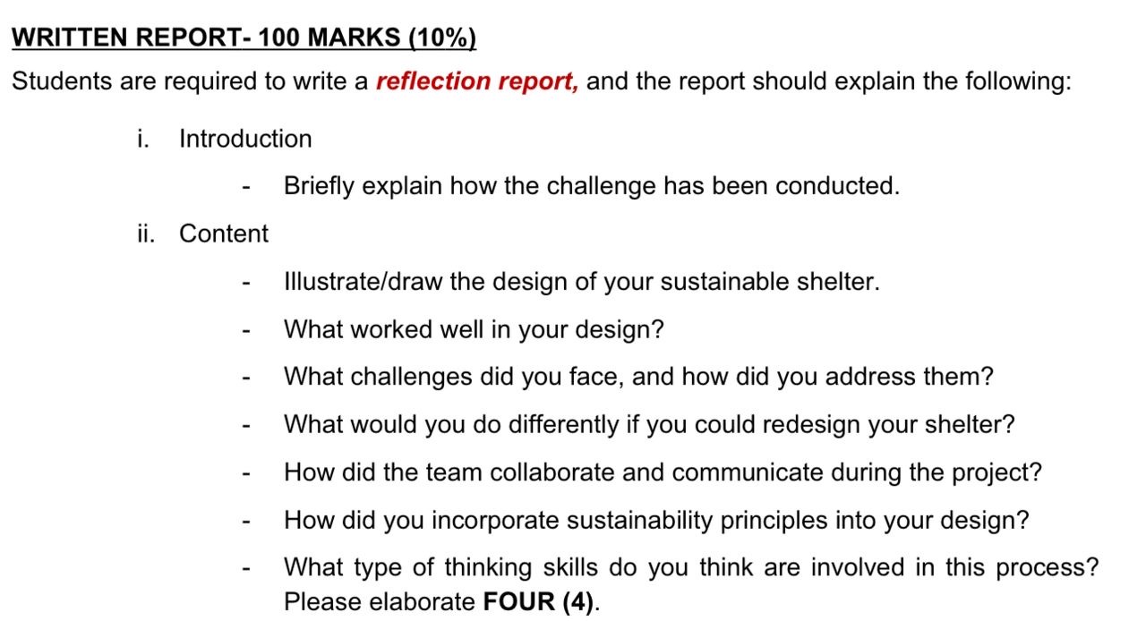  WRITTEN REPORT-100 MARKS (10%) Students are required to write a reflection