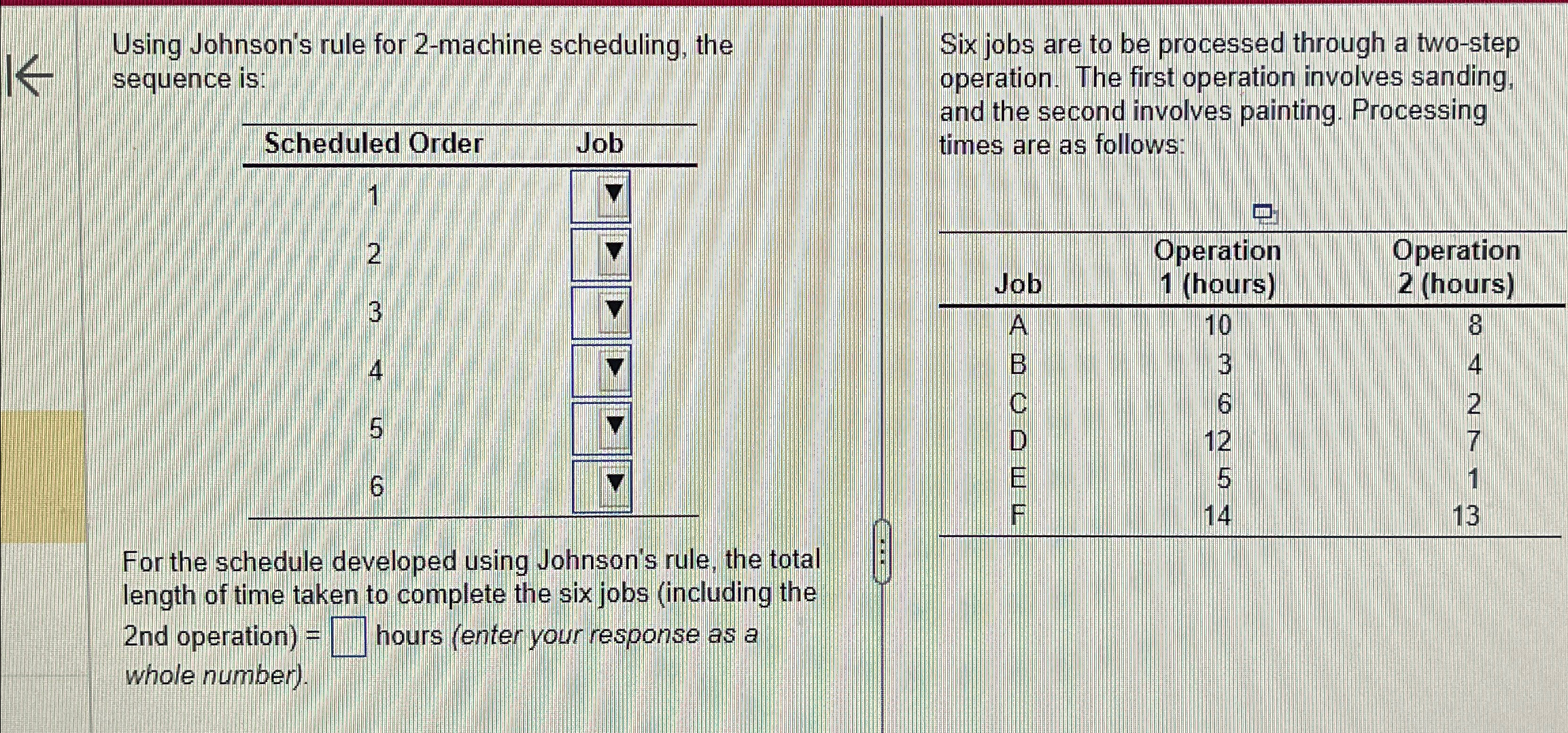  Using Johnson's rule for 2-machine scheduling, the sequence is: \table[[Scheduled Order,Job],[1,7