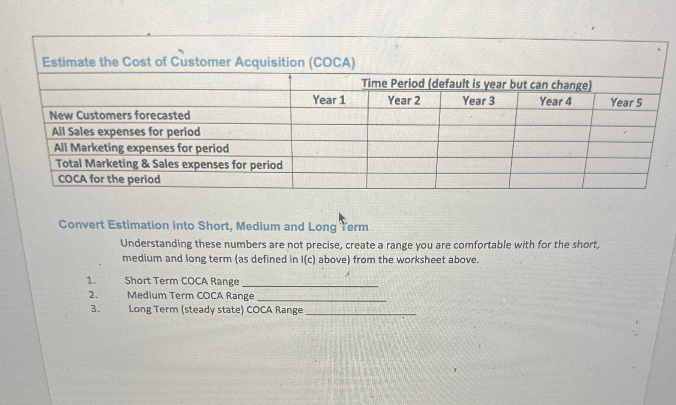  \table[[Estimate the Cost of Customer Acquisition (COCA)],[,Time Period (default is vear