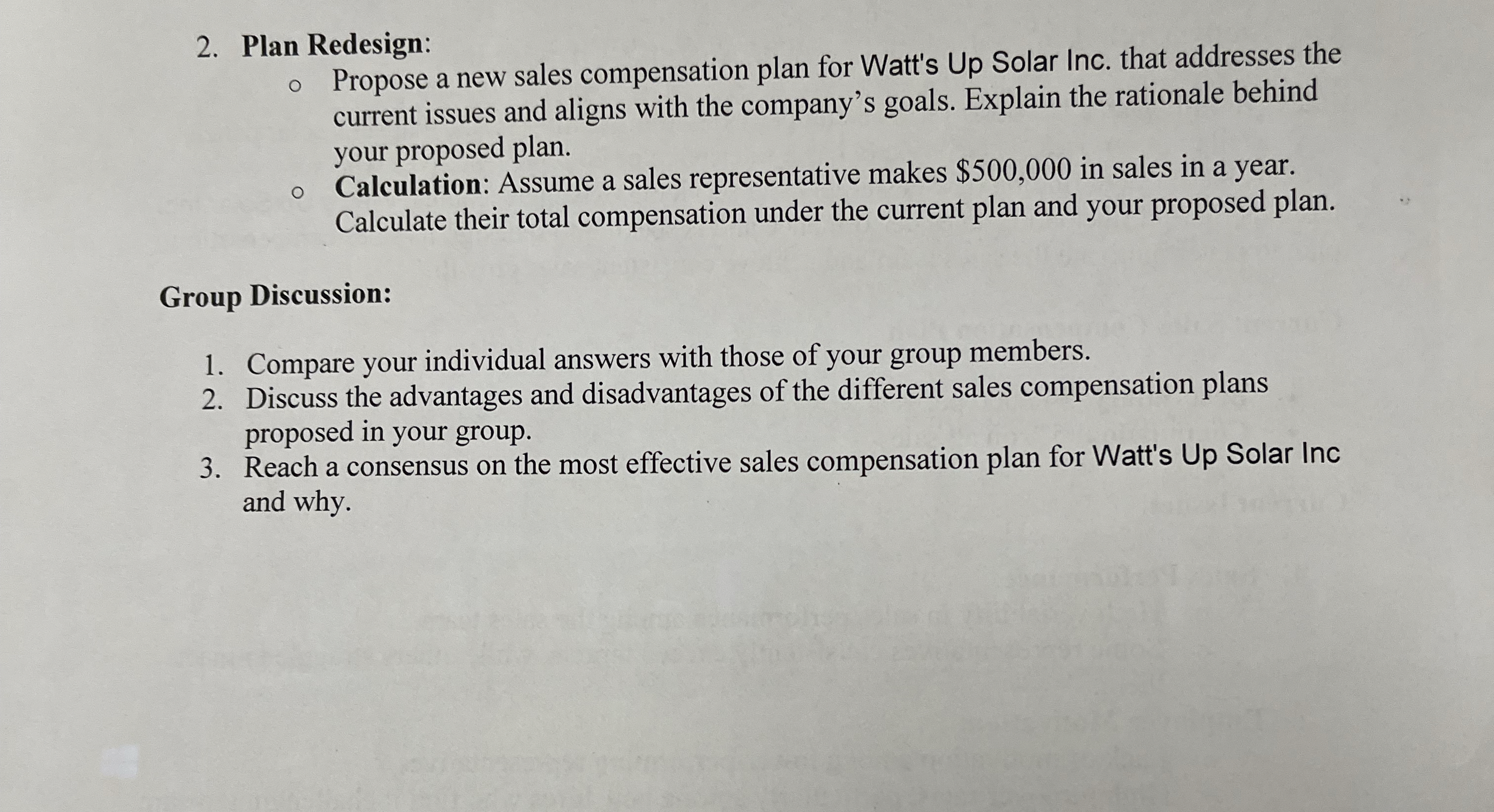  Plan Redesign: Propose a new sales compensation plan for Watt's Up