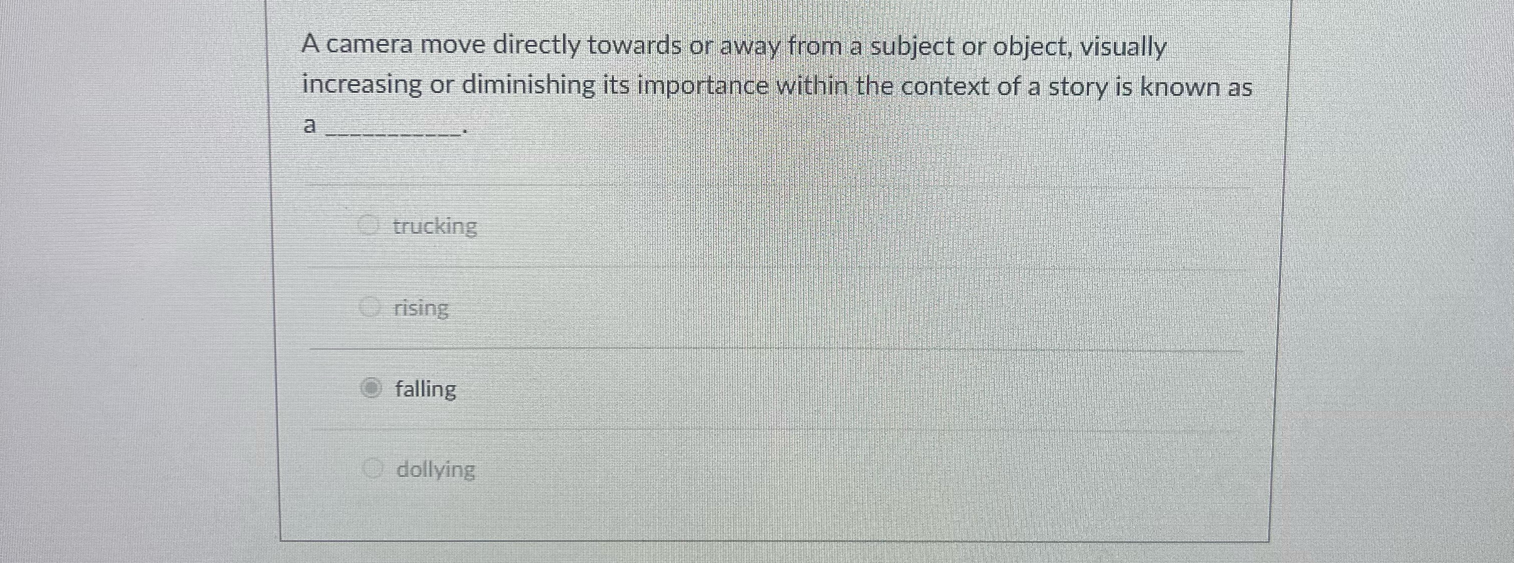  A camera move directly towards or away from a subject or