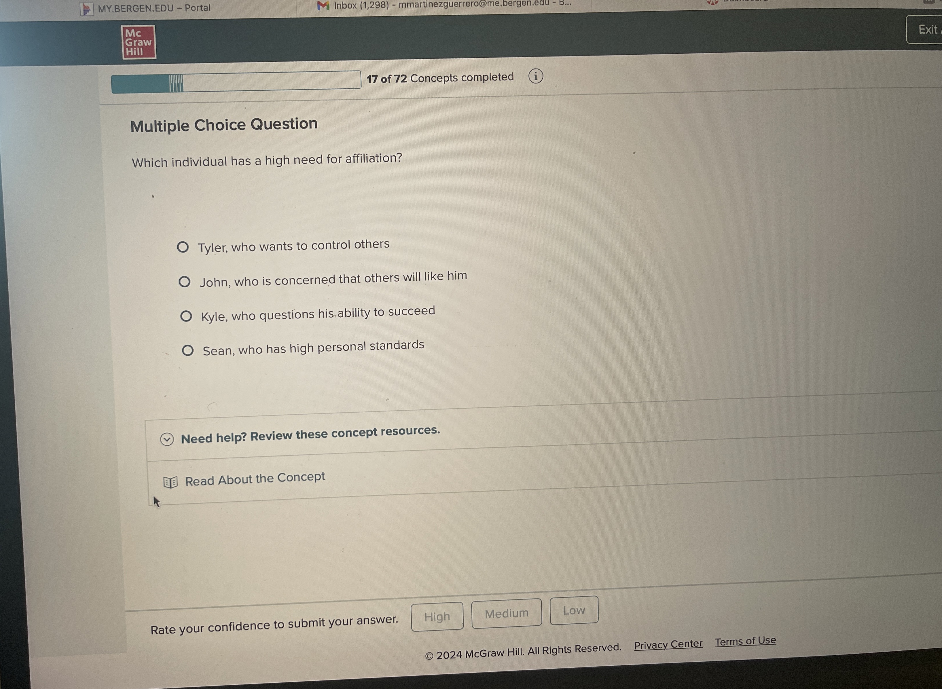  Multiple Choice Question Which individual has a high need for affiliation?