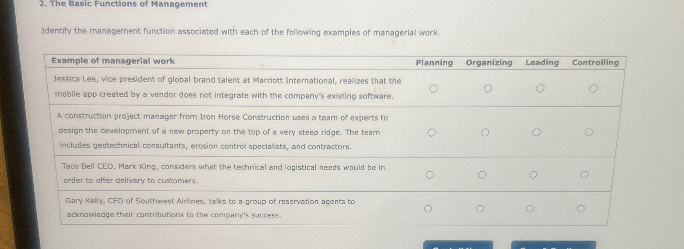  The Basic Functions of Management Identify the management function associated with