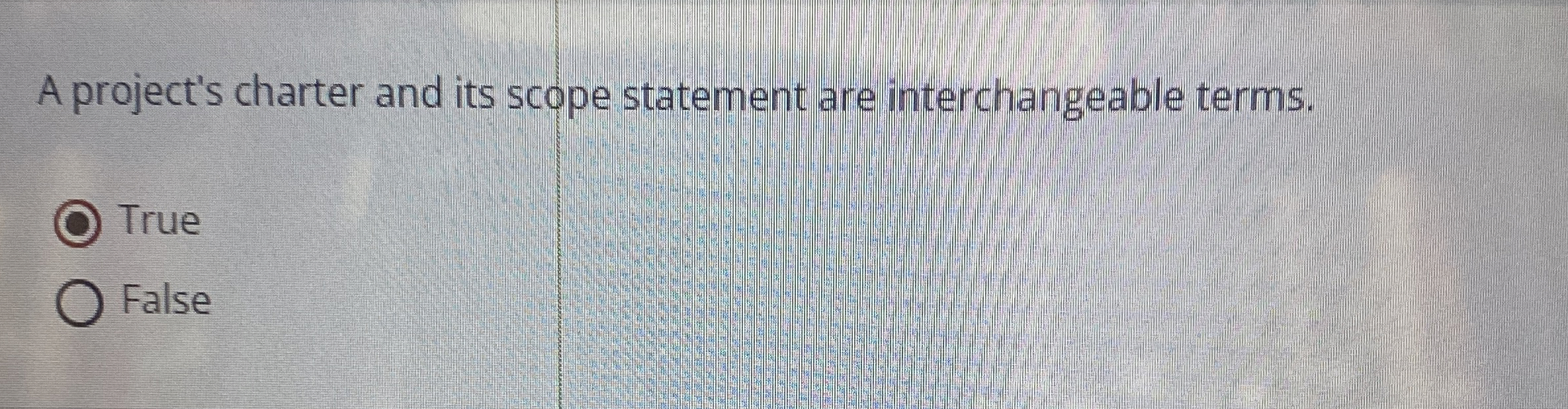  A project's charter and its scope statement are interchangeable terms. True