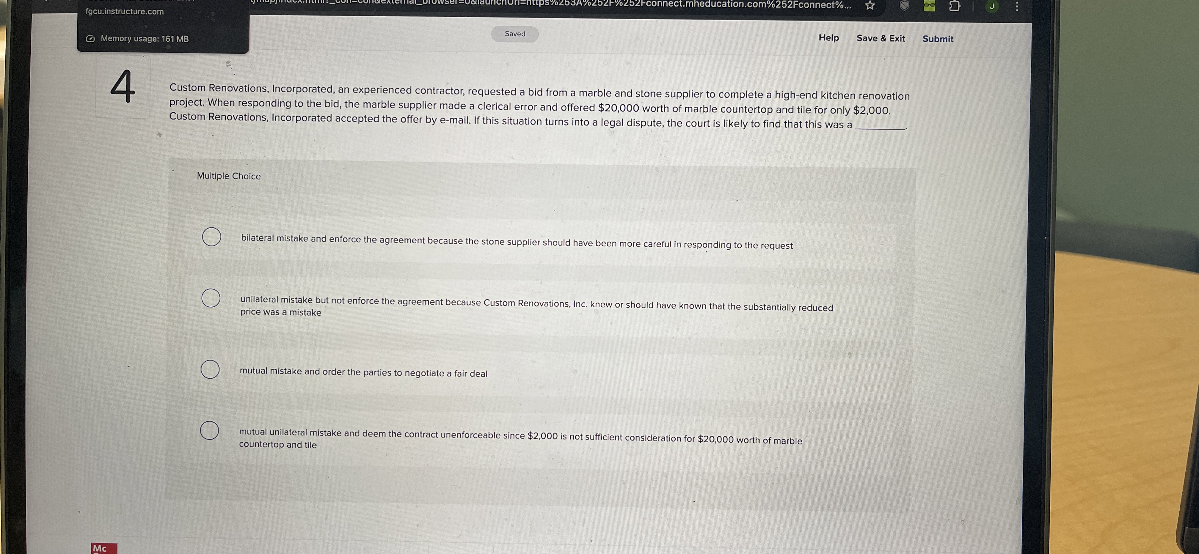  fgcu.instructure.com Memory usage: 161 MB Help Save & Exit Submit 4