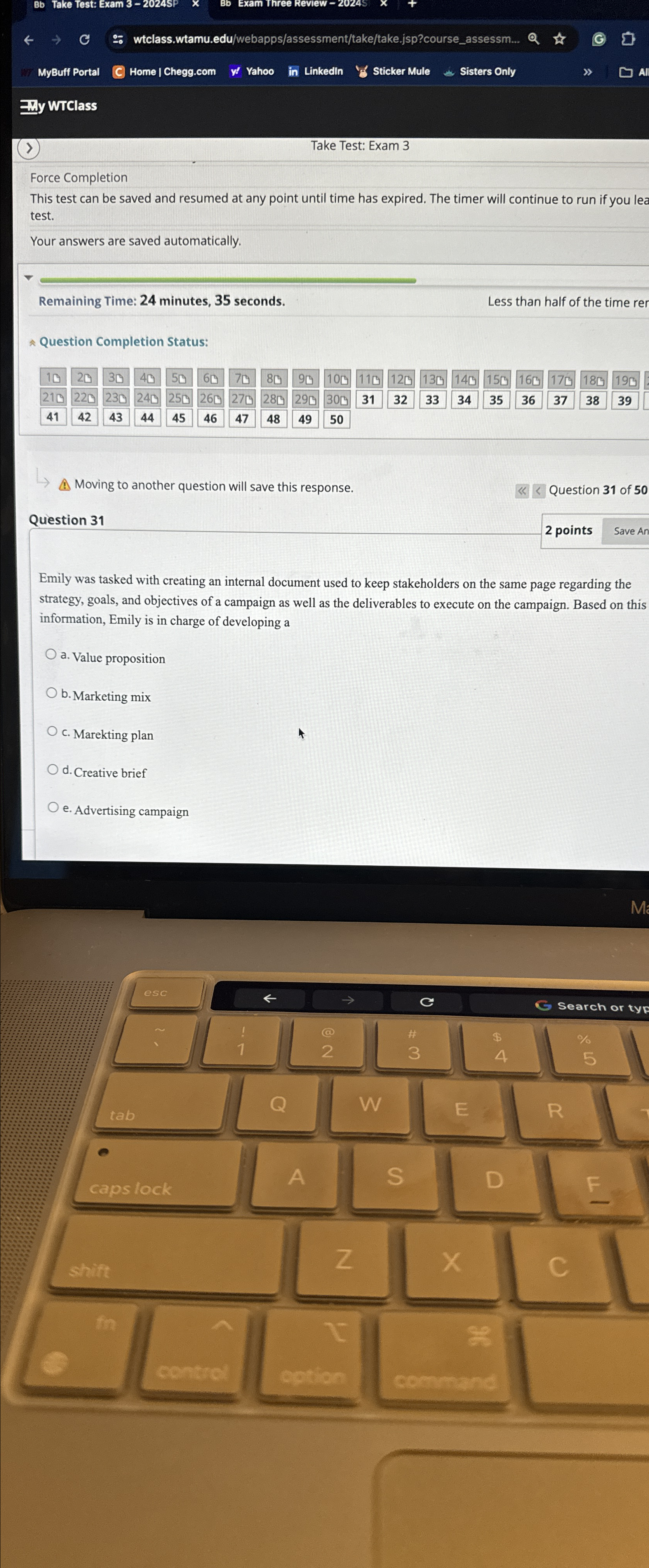  My WTClass () Take Test: Exam 3 Force Completion This test
