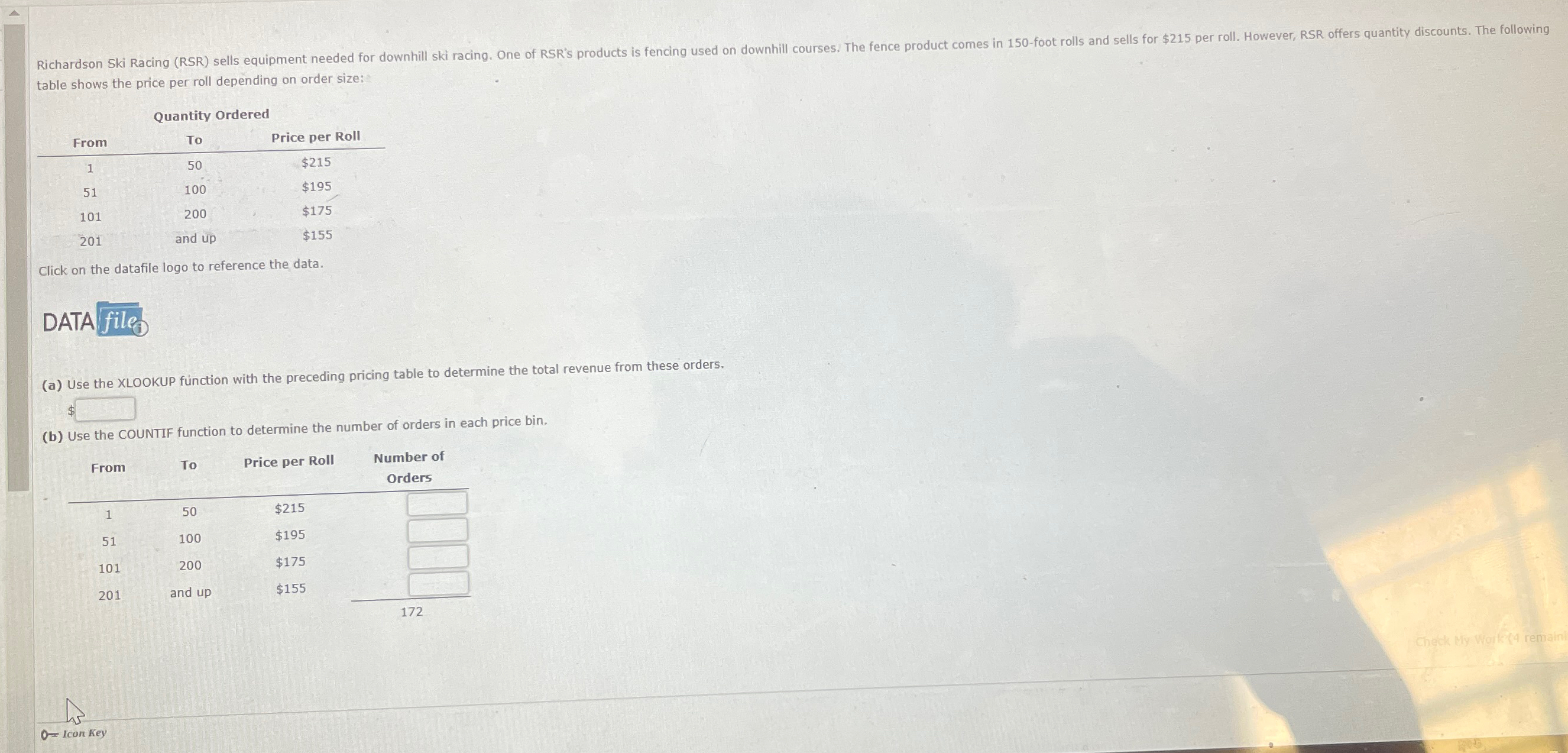  Check My Work (4 remaining) table shows the price per roll