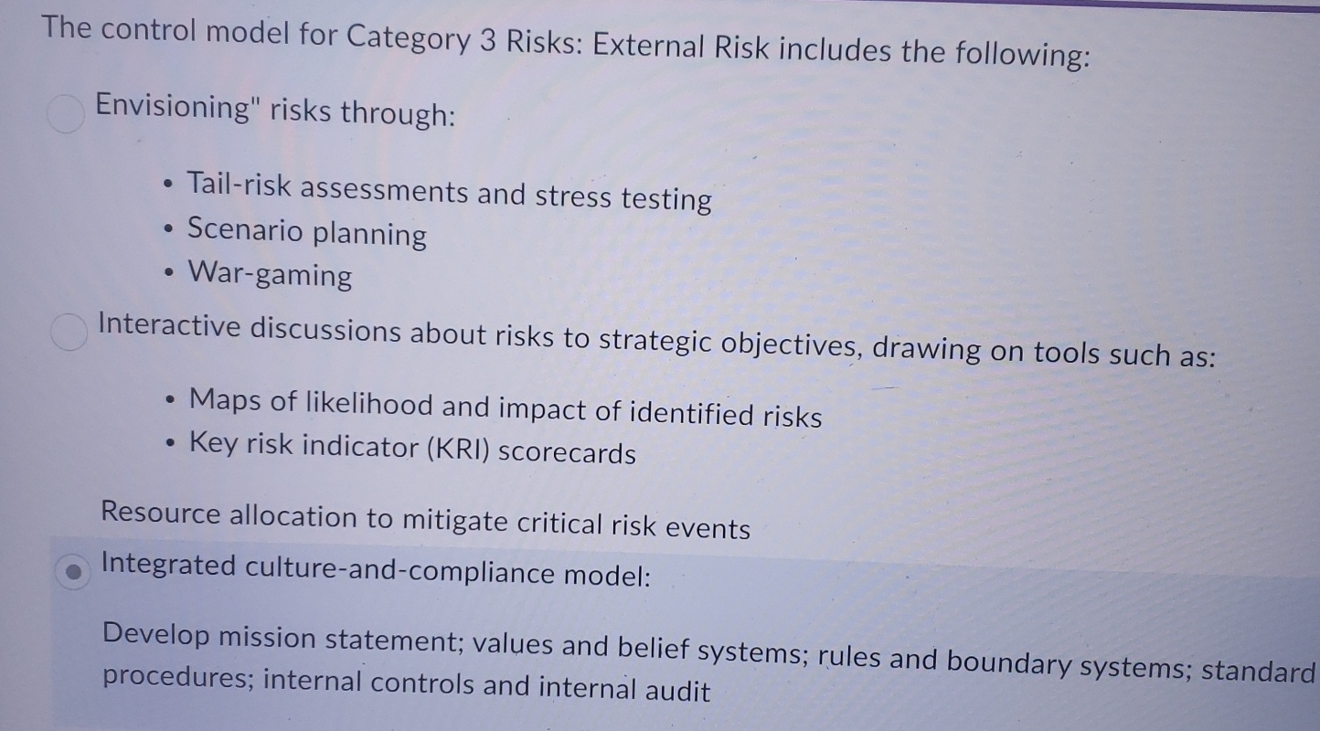  The control model for Category 3 Risks: External Risk includes the