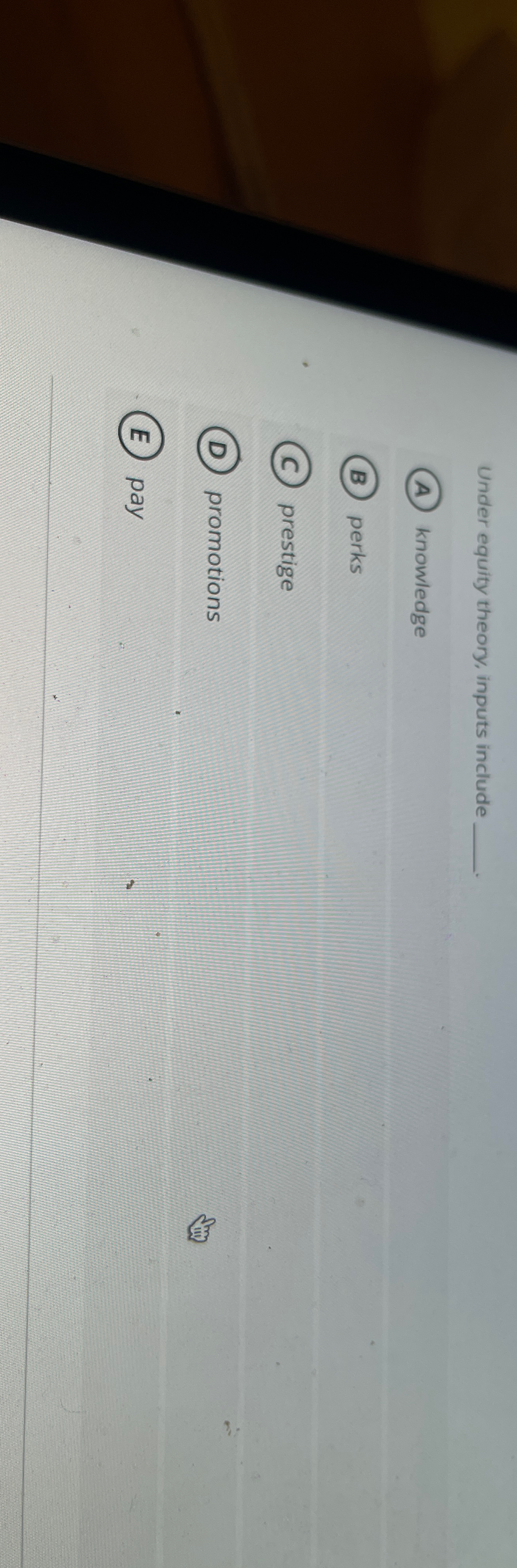  Under equity theory, inputs include q, knowledge perks prestige promotions pay