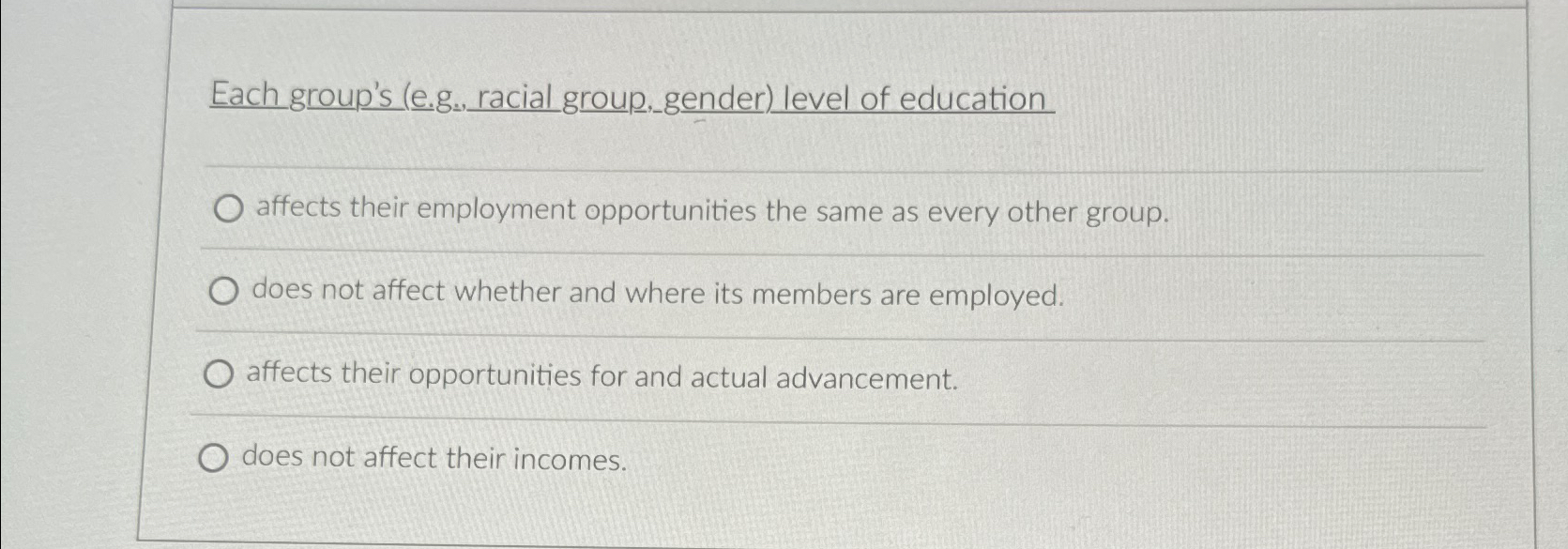  Each group's (e.g, racial group, gender) level of education affects their