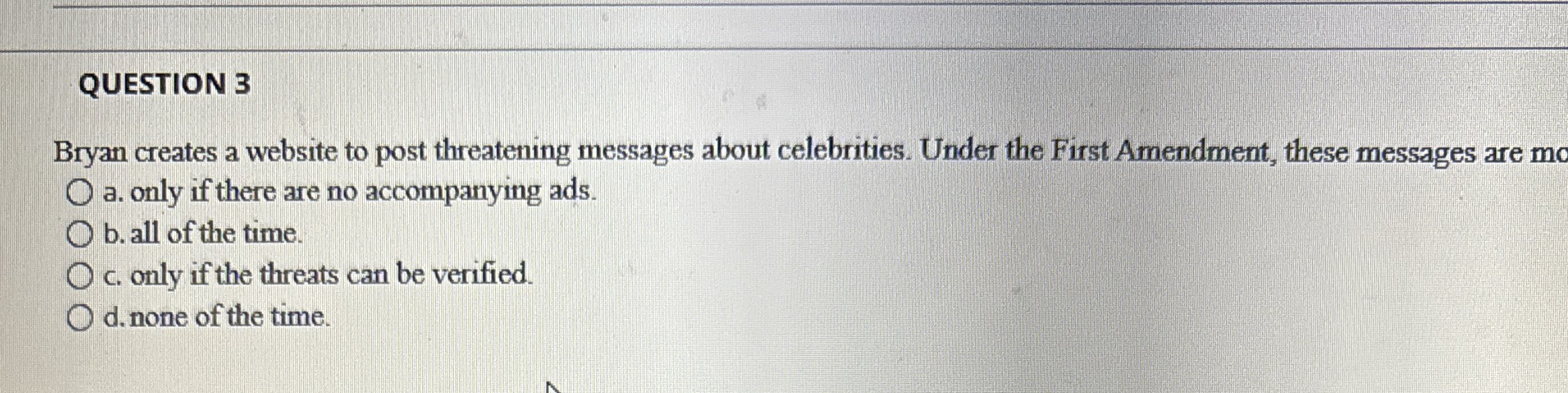  QUESTION 3 Bryan creates a website to post threatening messages about