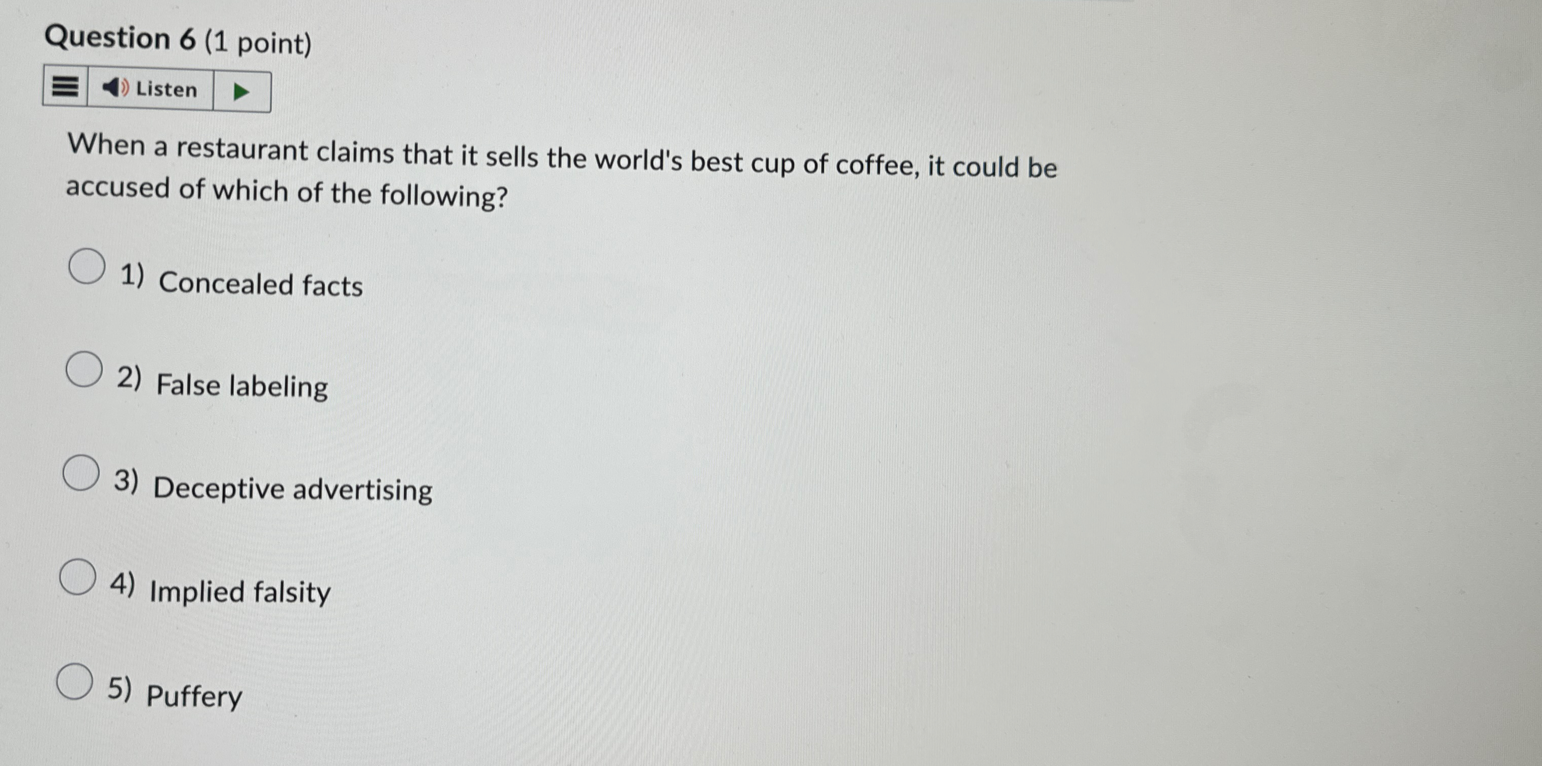  Question 6(1 point) When a restaurant claims that it sells the