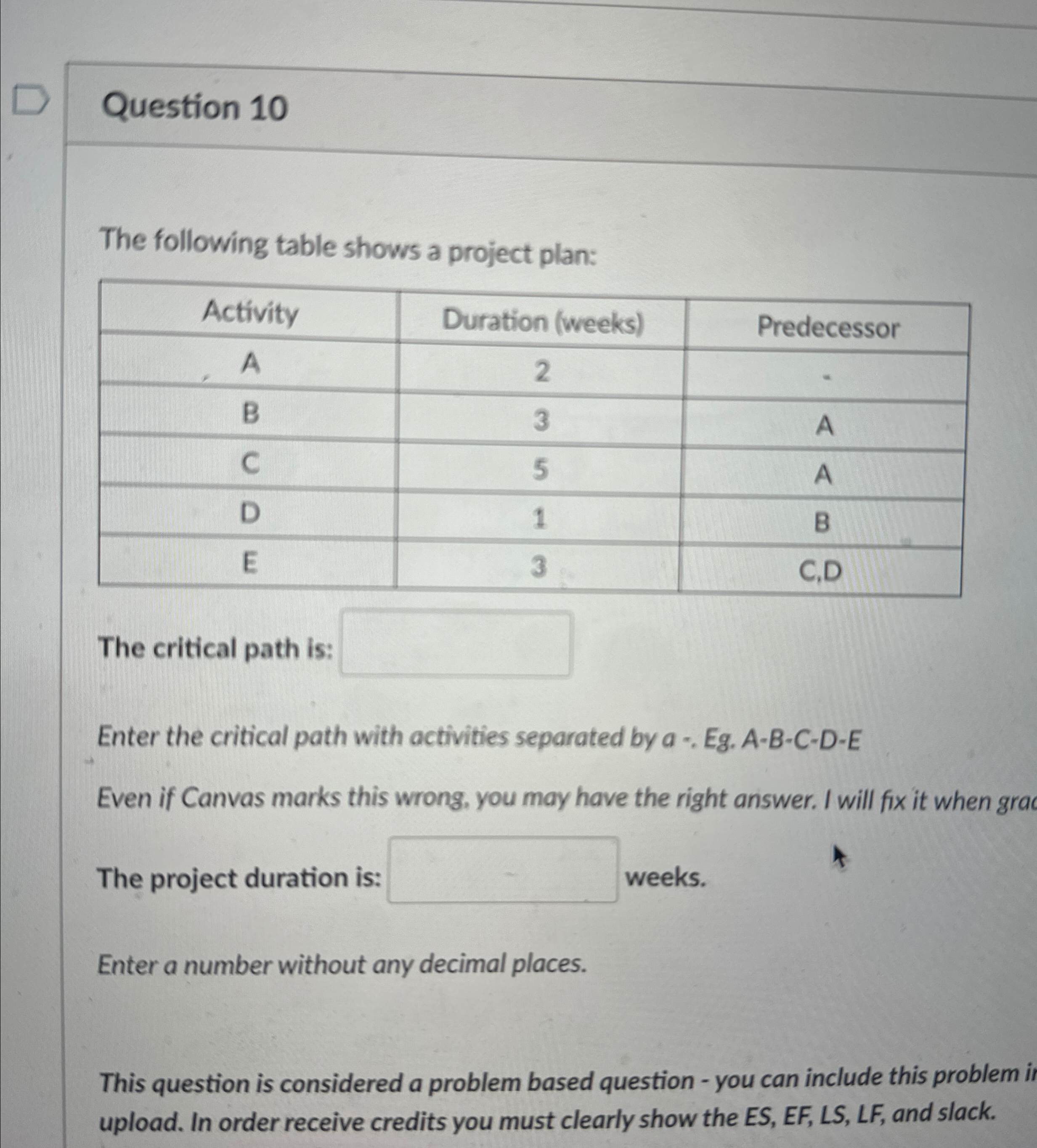  Question 10 The following table shows a project plan: \table[[Activity,Duration (weeks),Predecessor],[A,2,-],[B,3,A],[C,5,A],[D,1,B],[E,3,C,D]]