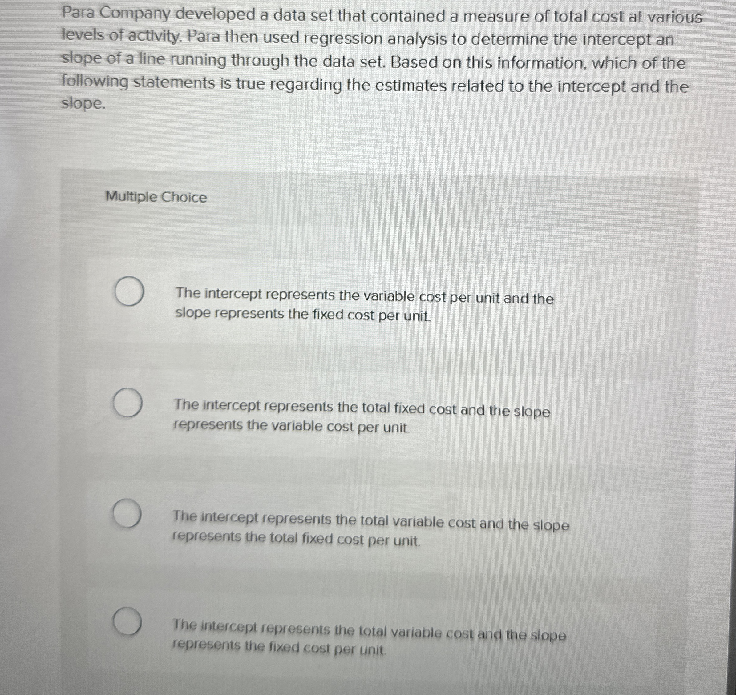  Para Company developed a data set that contained a measure of
