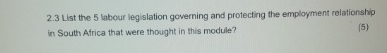  2.3 List the 5 labour legislation governing and protecting the employment
