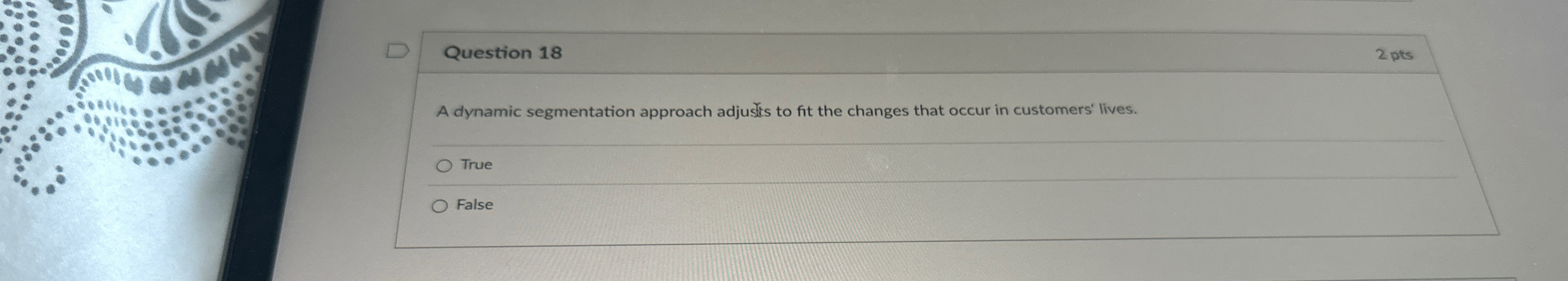  Question 18 2 pts A dynamic segmentation approach adjust's to fit