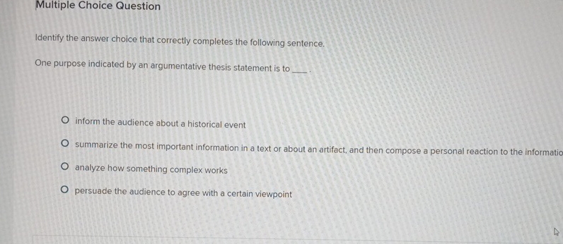  Multiple Choice Question Identify the answer choice that correctly completes the