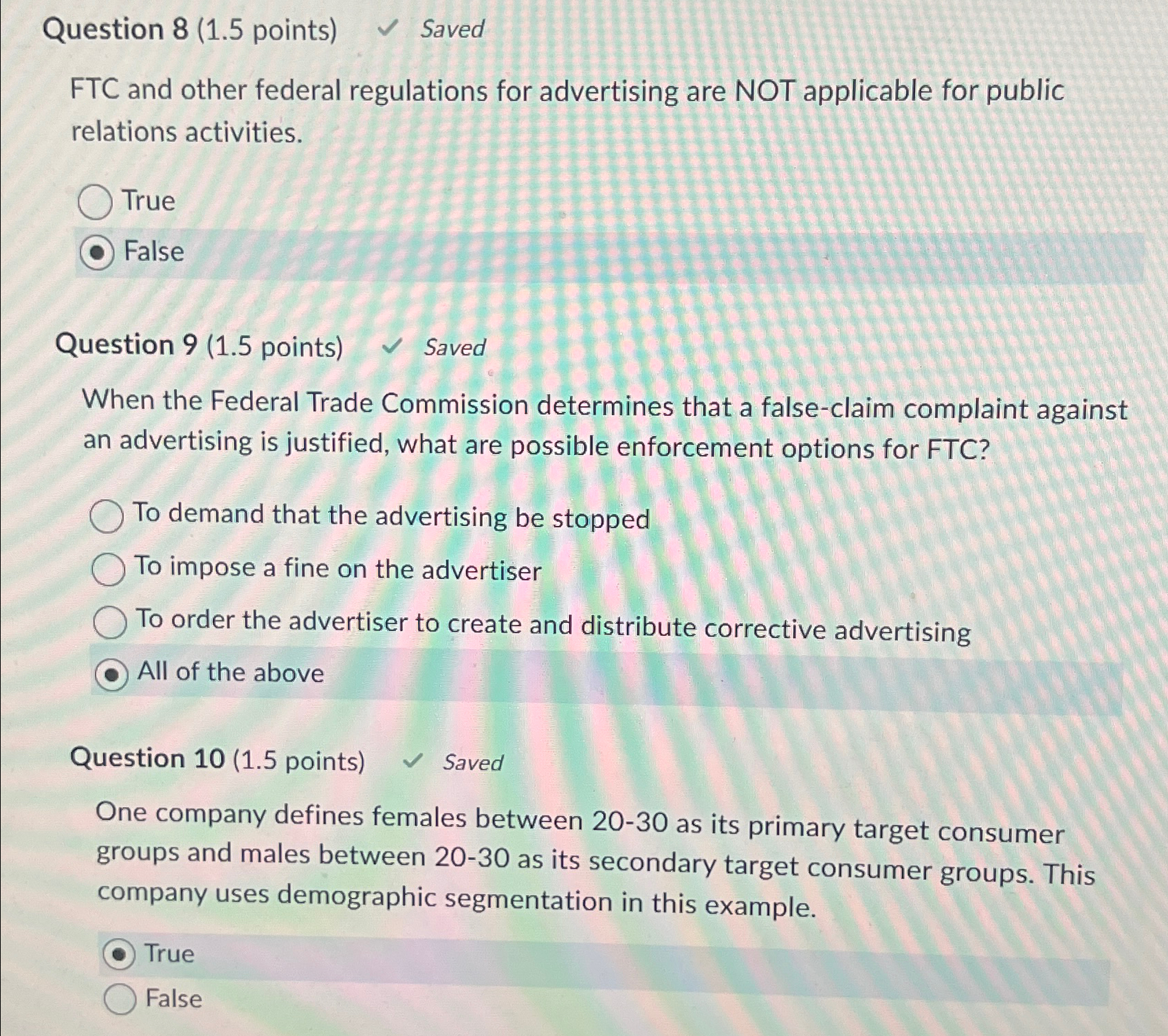  Question 8(1.5 points) Saved FTC and other federal regulations for advertising