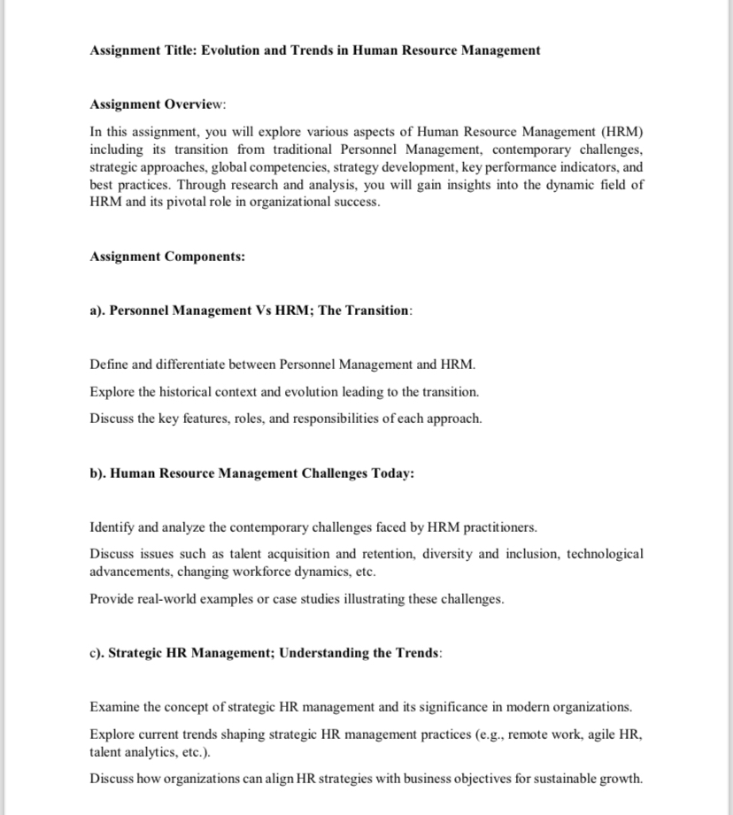  Assignment Title: Evolution and Trends in Human Resource Management Assignment Overview: