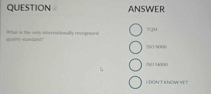  QUESTION What is the only internationally recognized quality standard? ANSWER TQM