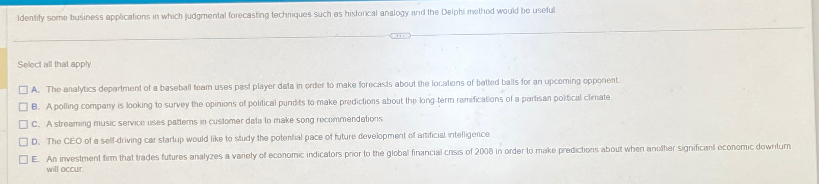  Identify some business applications in which judgmental forecasting techniques such as