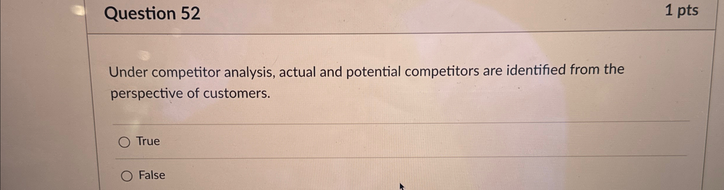  Question 52 1pts Under competitor analysis, actual and potential competitors are