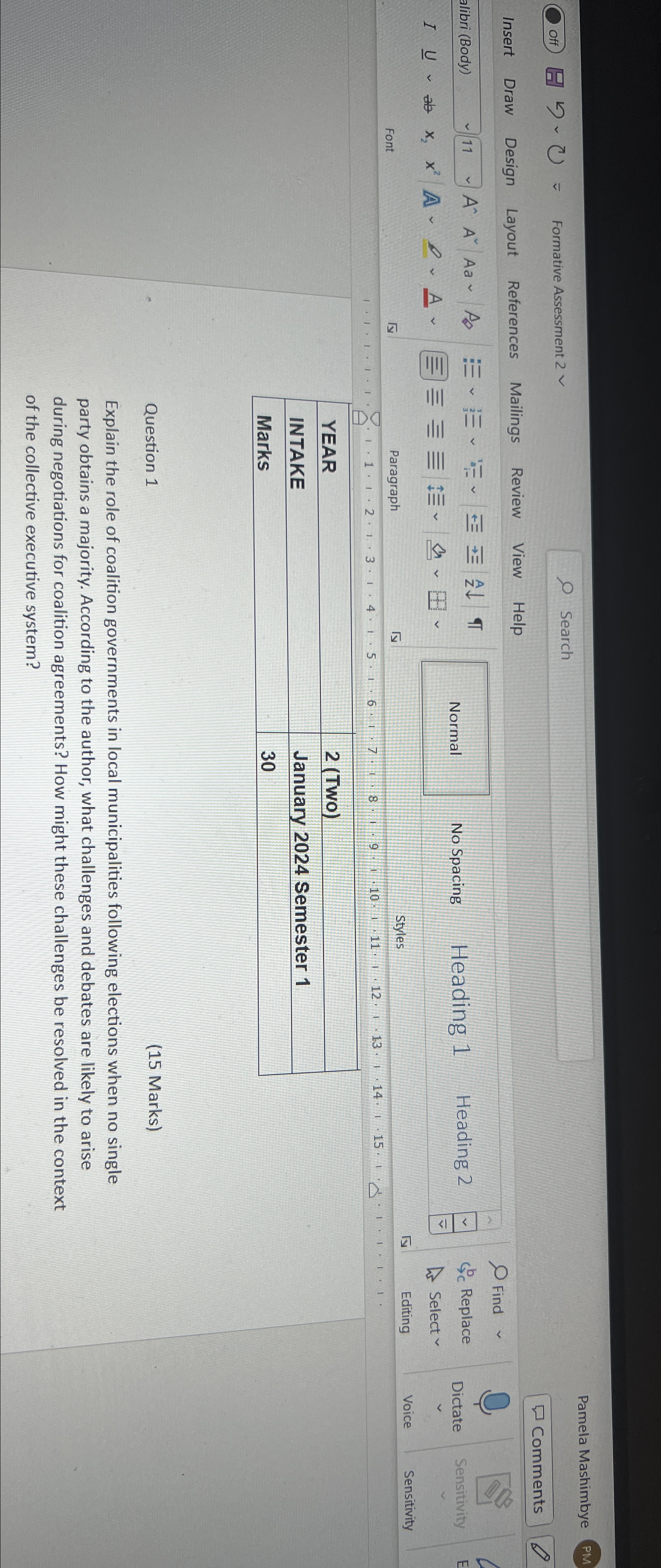  off Off C Formative Assessment 2 Search Pamela Mashimbye Insert Draw