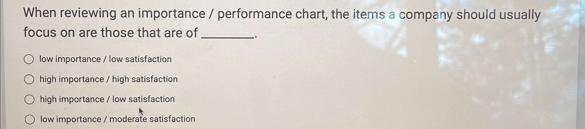  When reviewing an importance / performance chart, the items a company