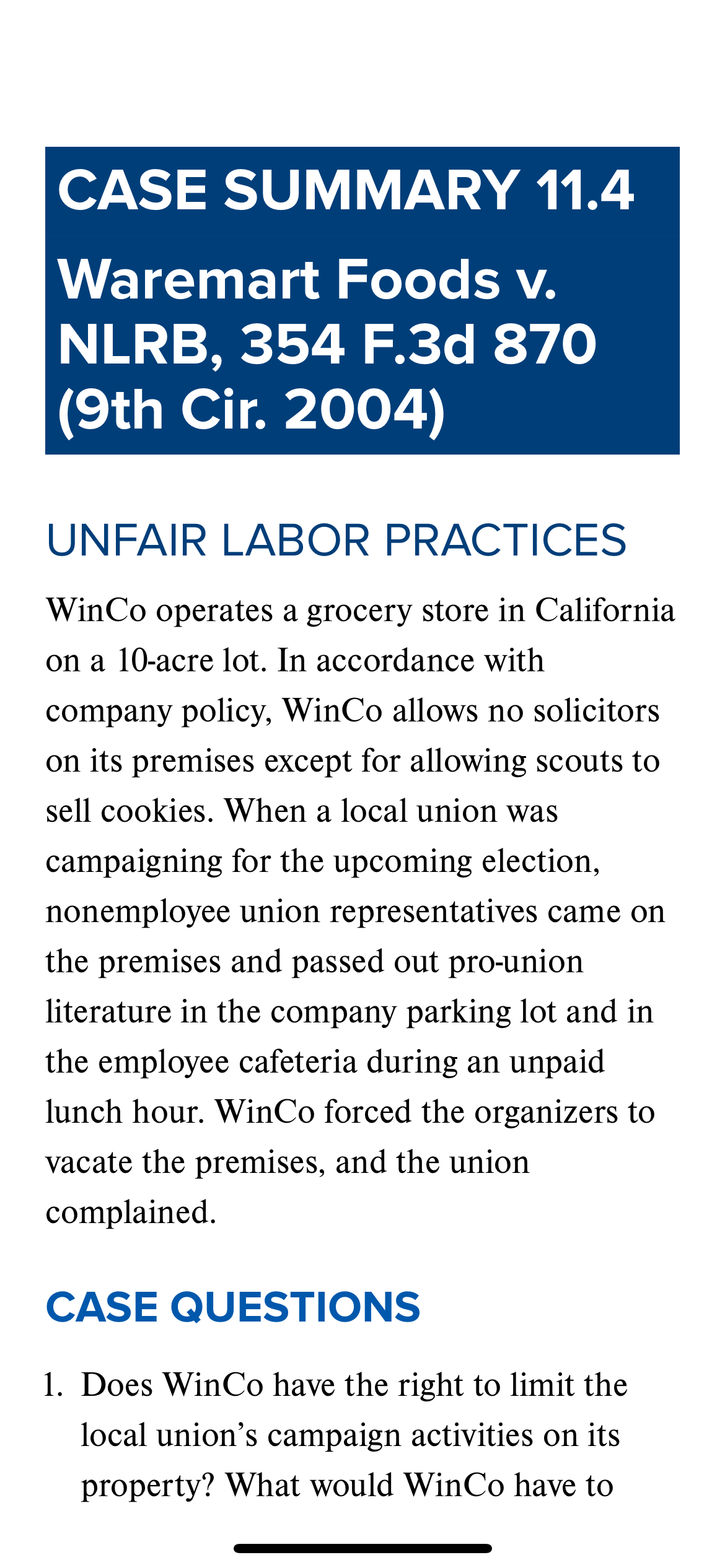  CASE SUMMARY 11.4 Waremart Foods v. NLRB,354 F.3d 870(9th Cir. 2004)
