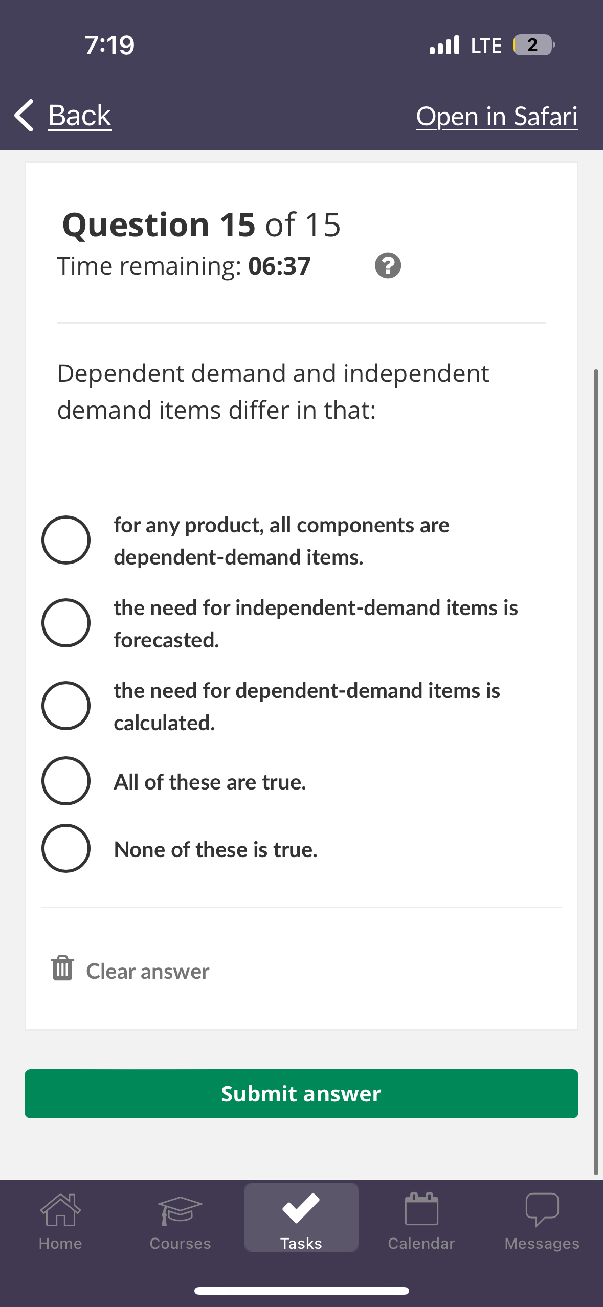  7:19 all LTE 2 Back Open in Safari Question 15 of