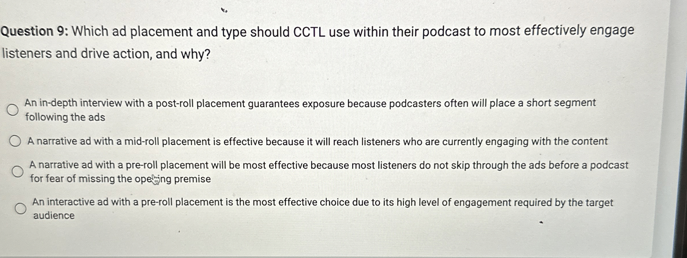  Question 9: Which ad placement and type should CCTL use within