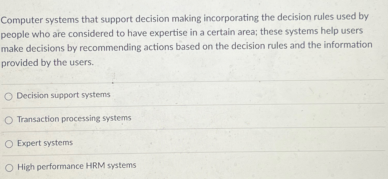  Computer systems that support decision making incorporating the decision rules used