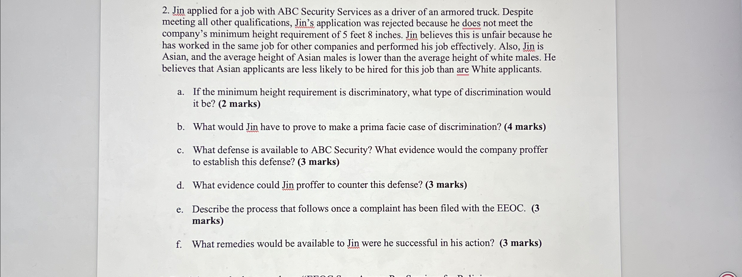  Jin applied for a job with ABC Security Services as a