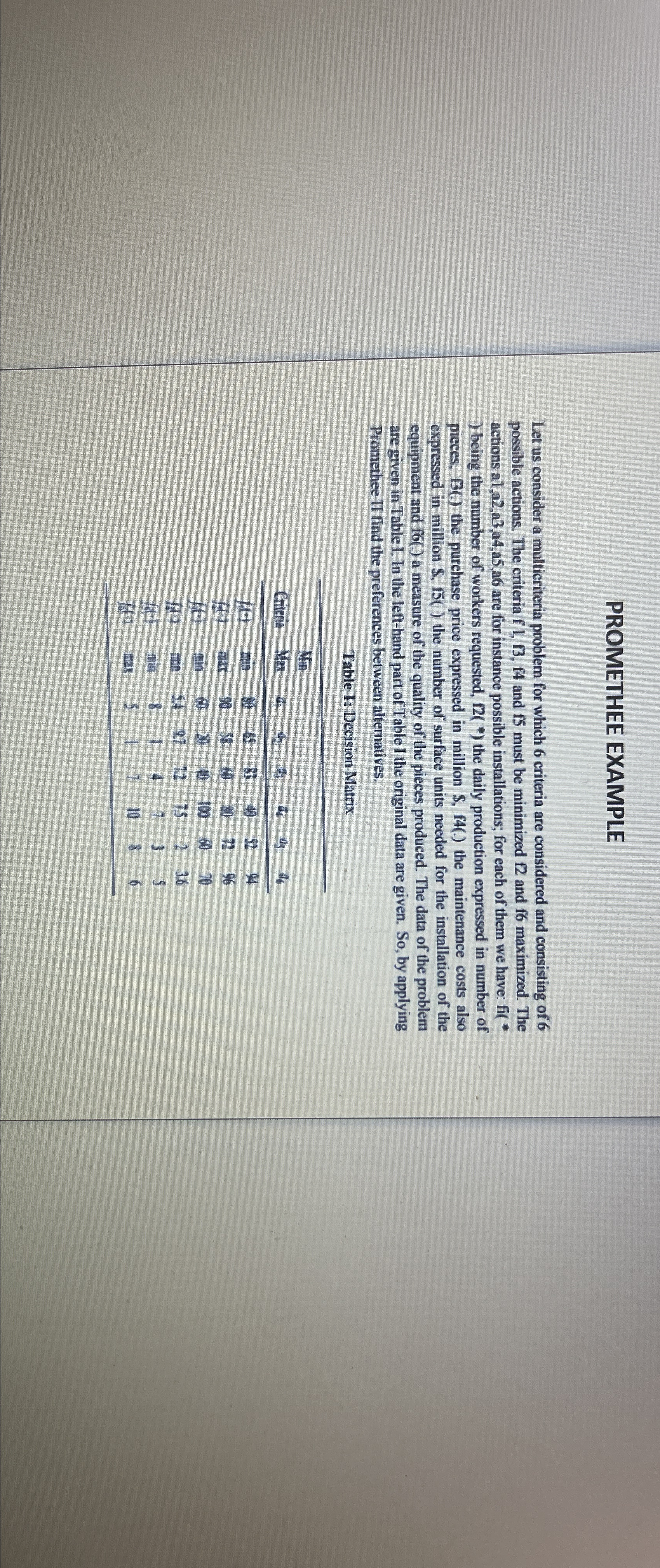  PROMETHEE EXAMPLE Let us consider a multicriteria problem for which 6