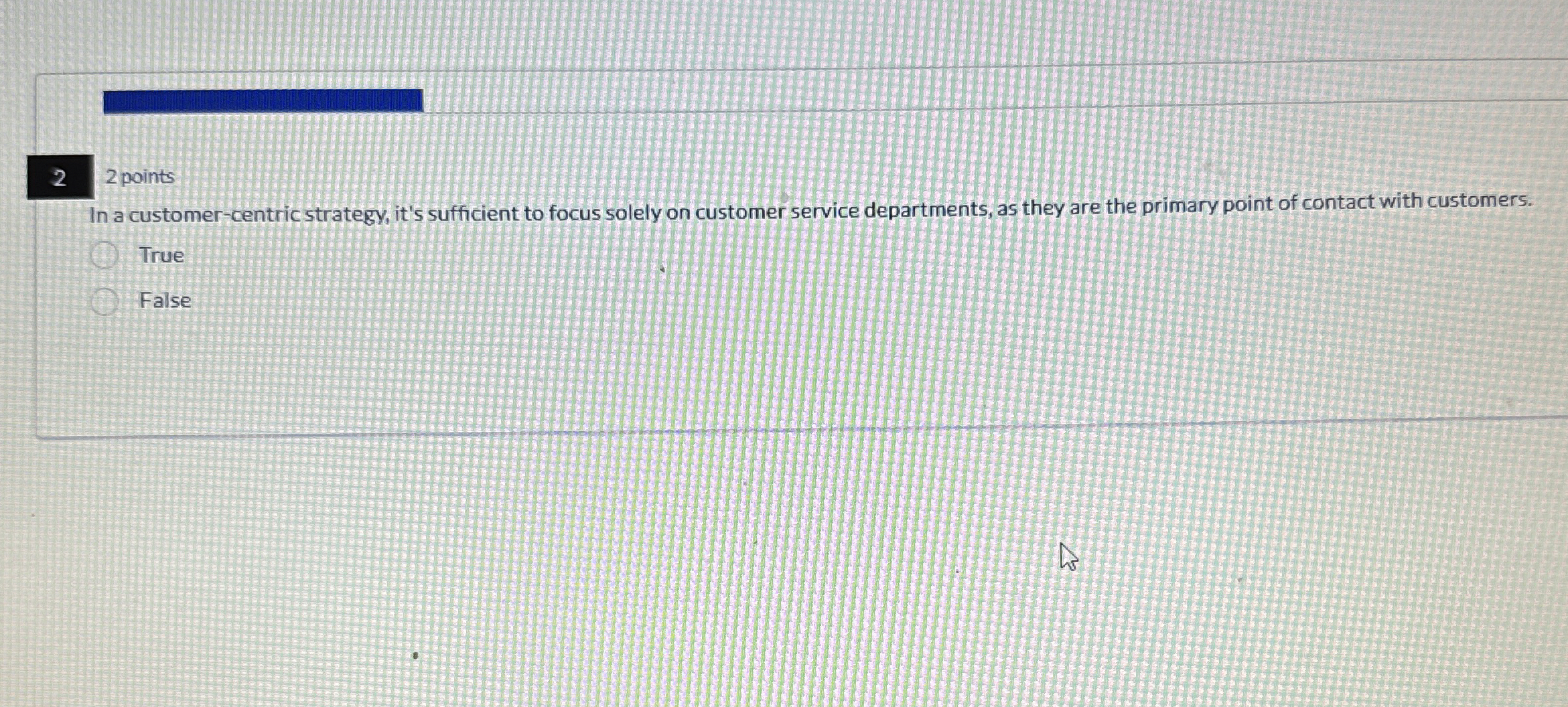  2 2 points In a customer-centric strategy, it's sufficient to focus