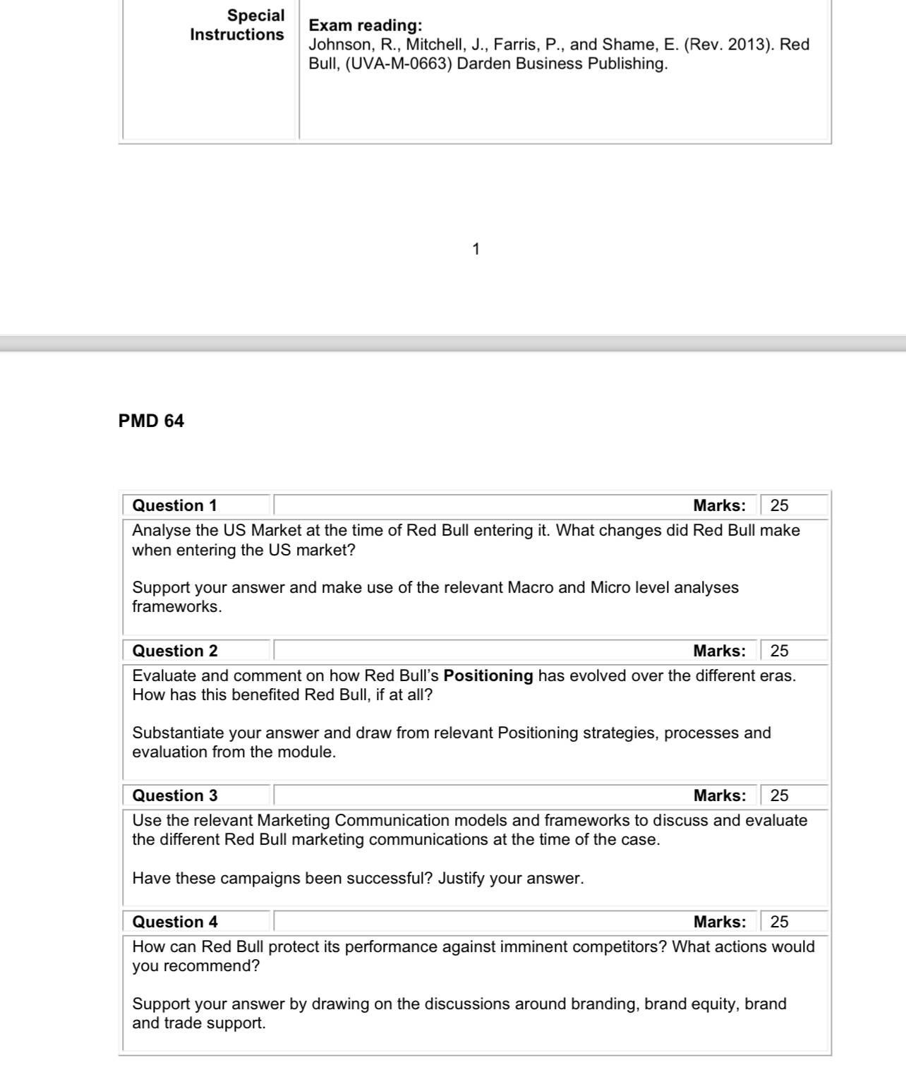  Exam reading: Johnson, R., Mitchell, J., Farris, P., and Shame, E.(Rev.2013).