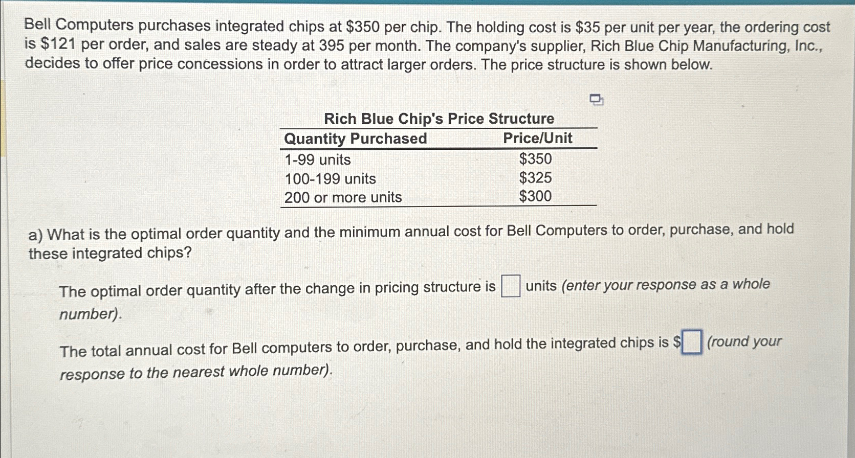  Bell Computers purchases integrated chips at $350 per chip. The holding