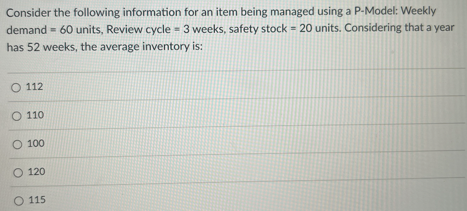  Consider the following information for an item being managed using a