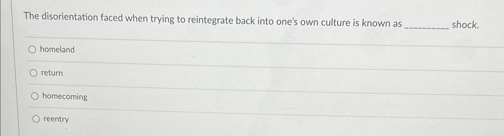  The disorientation faced when trying to reintegrate back into one's own