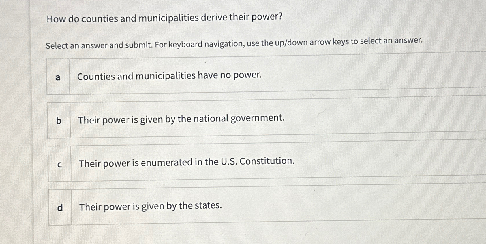  How do counties and municipalities derive their power? Select an answer