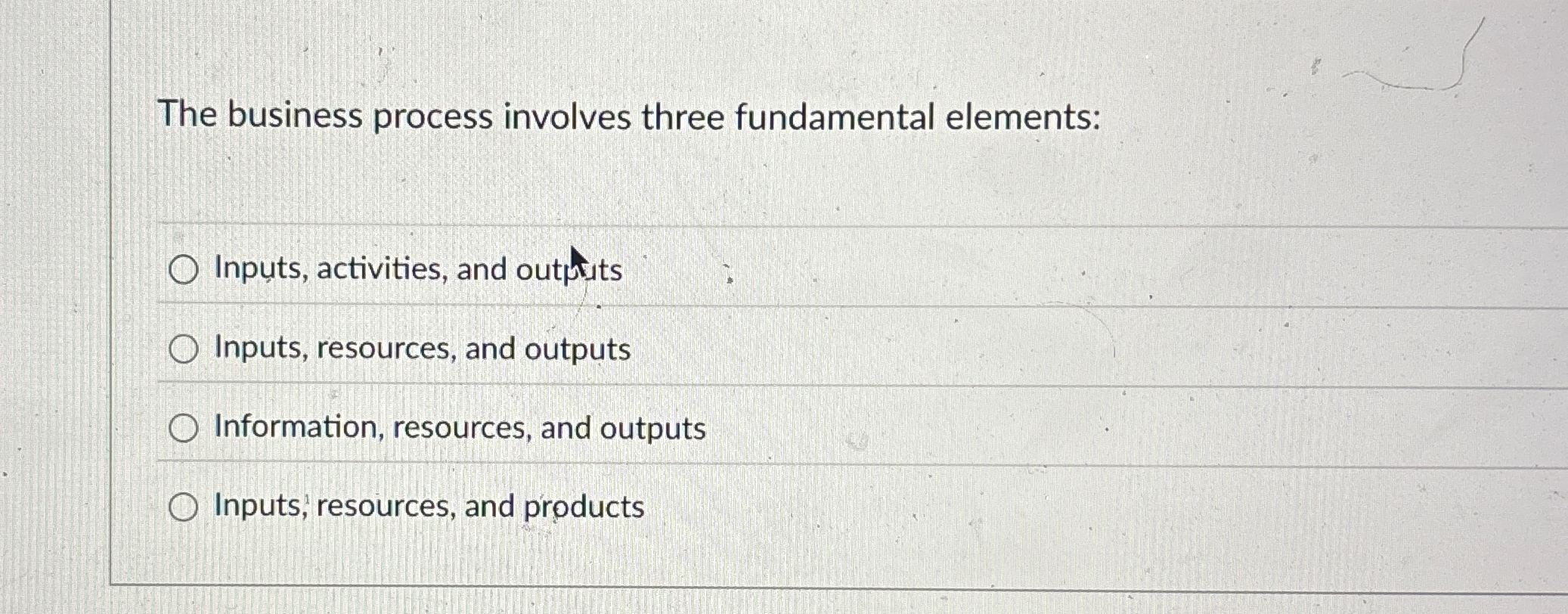  The business process involves three fundamental elements: Inputs, activities, and outptuts