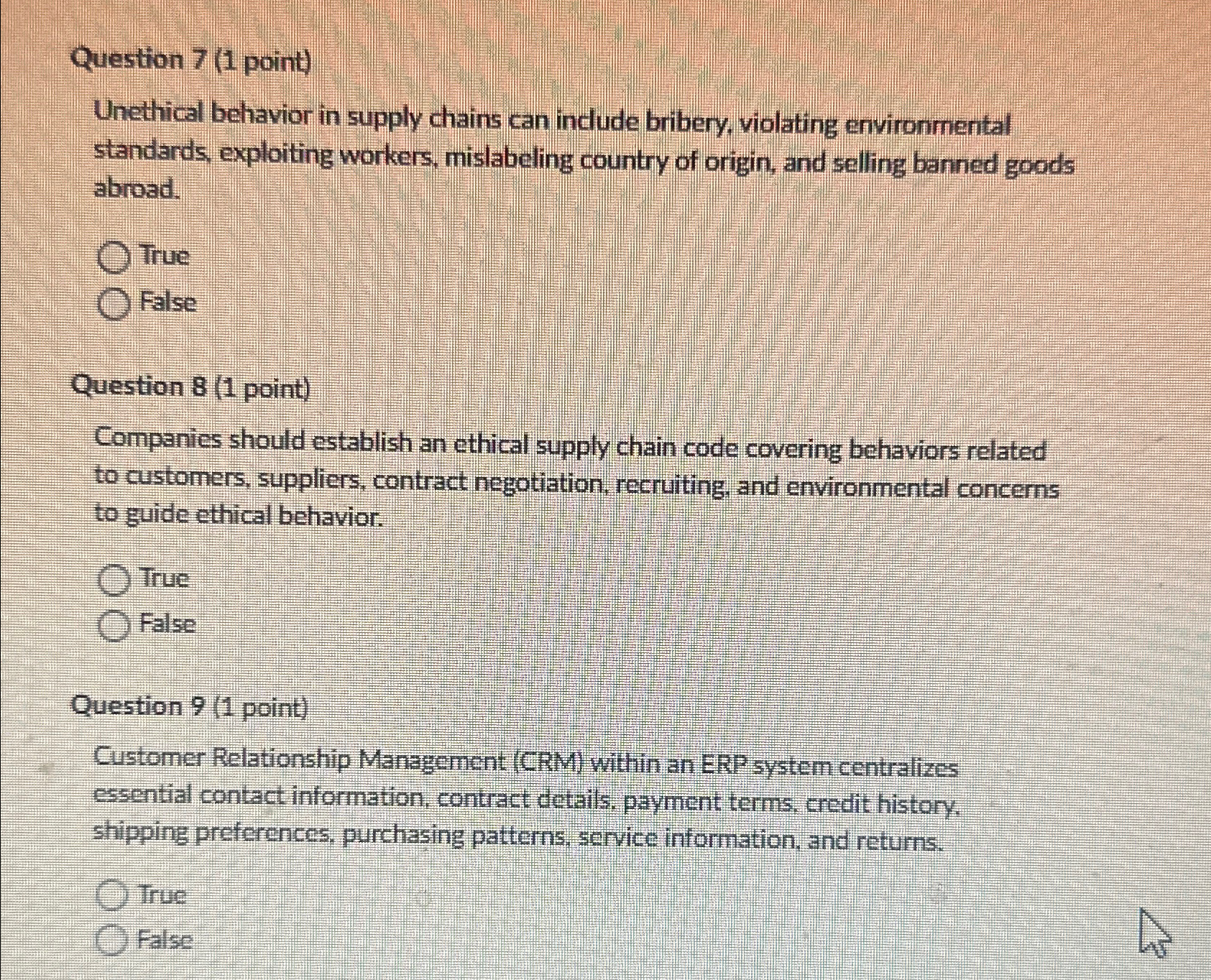  Question 7(1 point) Unethical behavior in supply chains can include bribery,