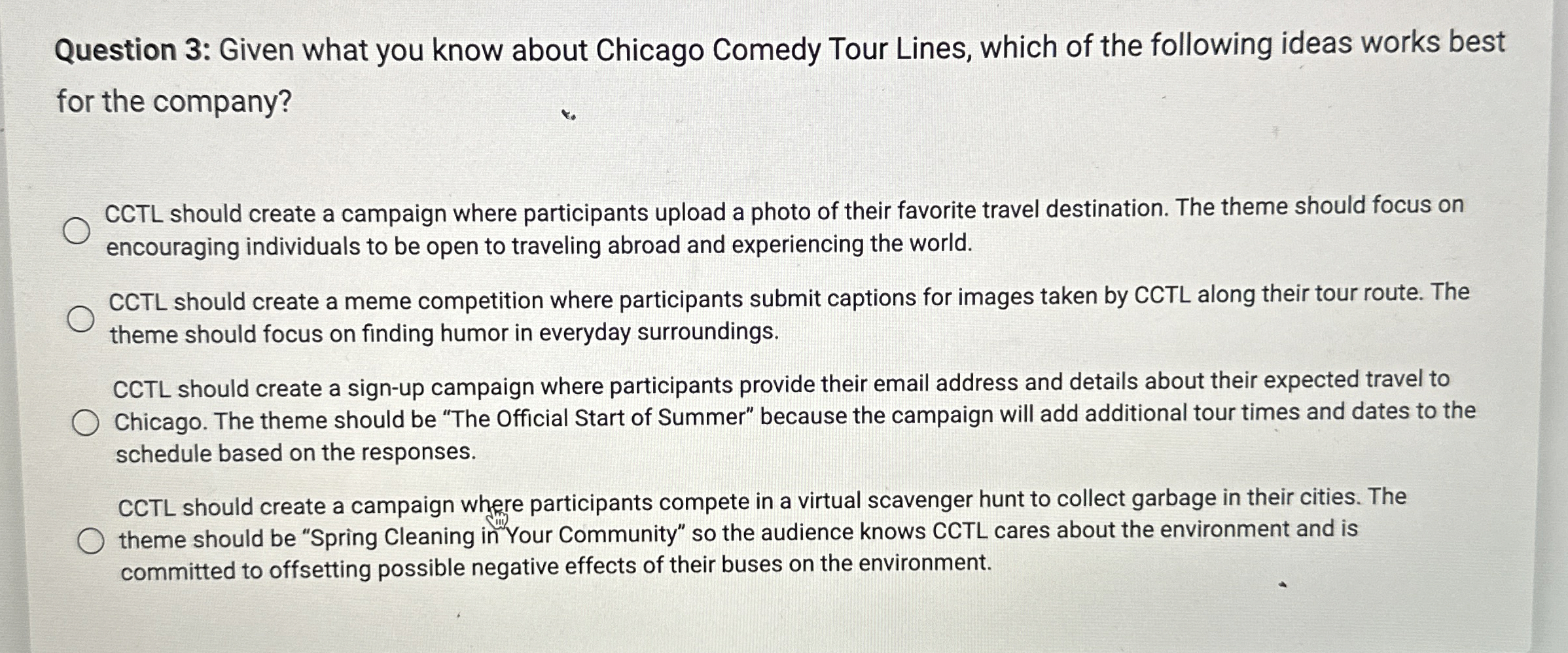  Question 3: Given what you know about Chicago Comedy Tour Lines,