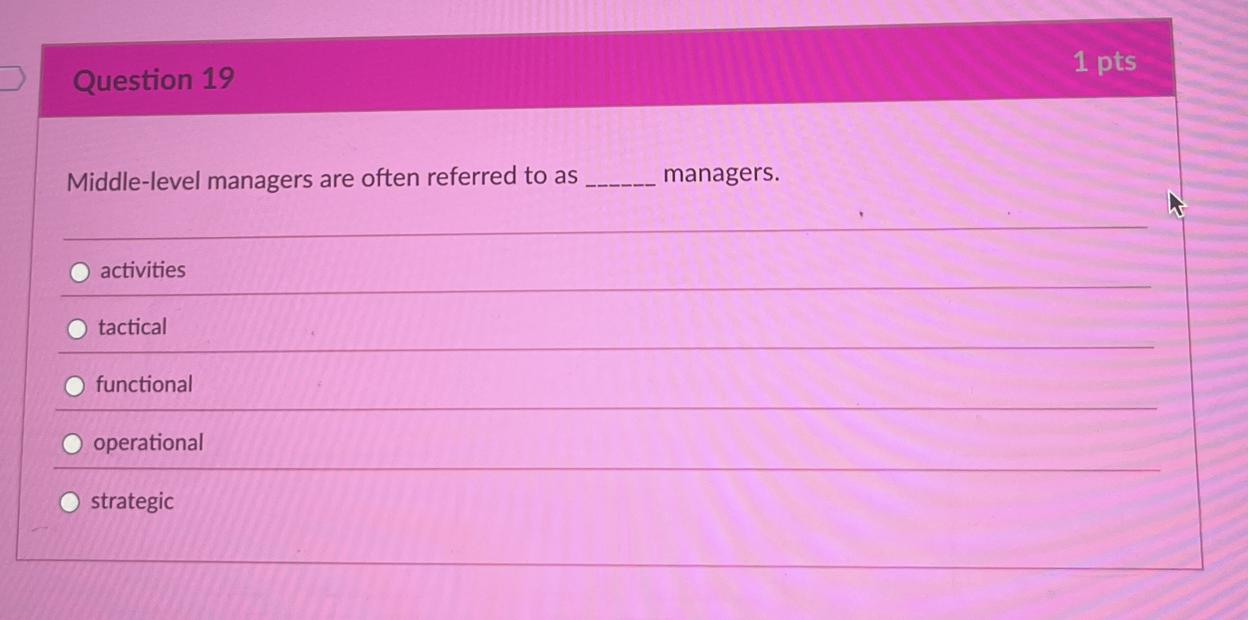  Question 19 1 pts Middle-level managers are often referred to as