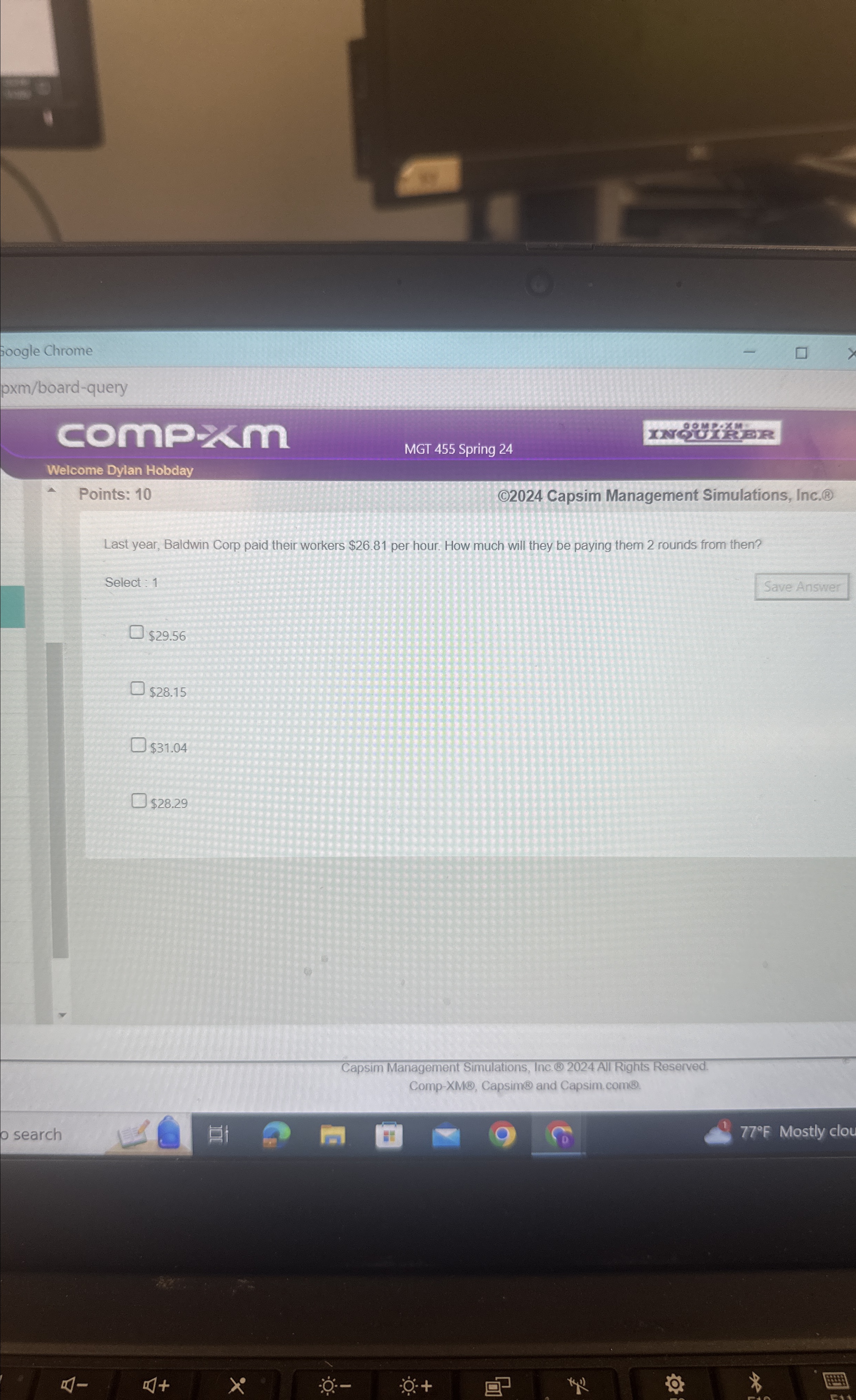  foogle Chrome pxm/board-query compxrm MGT 455 Spring 24 Welcome Dylan Hobday