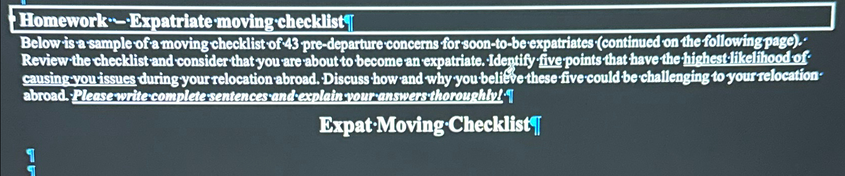  Homework--Krpatriate-moving checklist? Belowis a sample of a moving checklist of 43