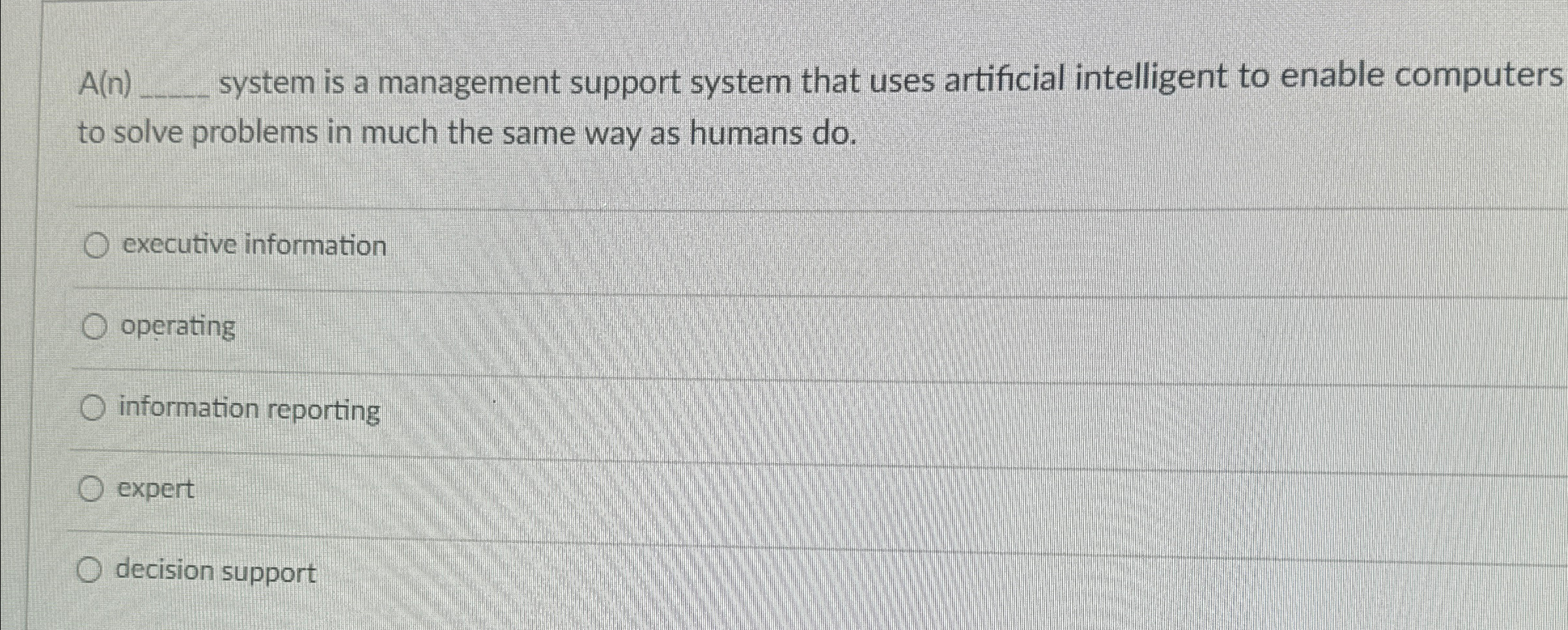  A(n) system is a management support system that uses artificial intelligent