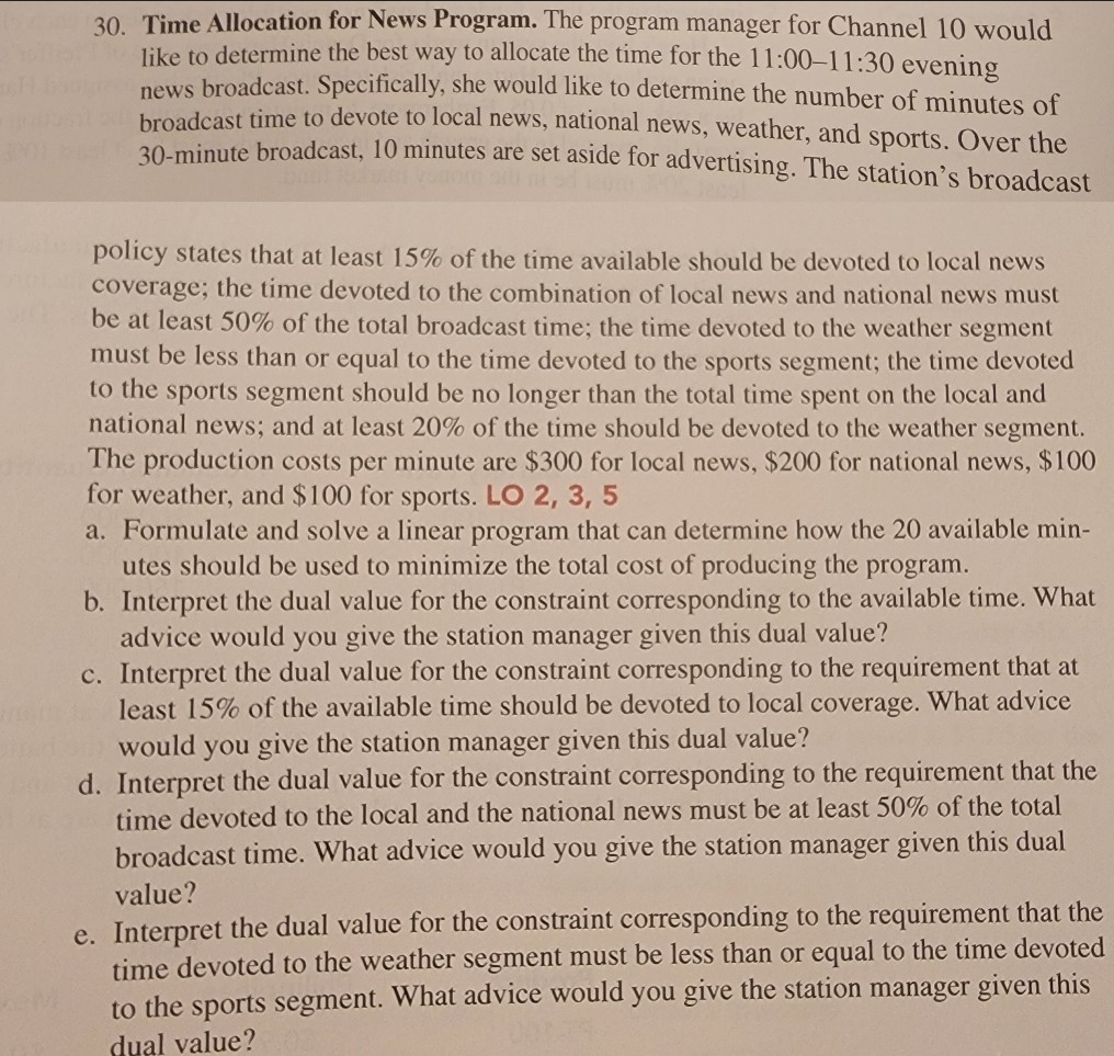 Time Allocation for News Program. The program manager for Channel 10